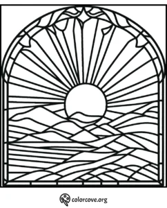 Stained glass-style sunset and mountain coloring page with intricate line patterns for creative coloring fun.