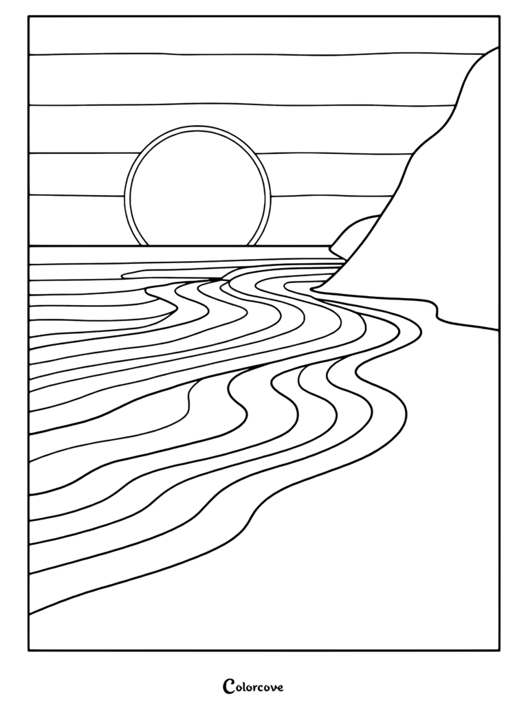 A printable coloring page featuring a large sun setting over wavy ocean water next to a rocky cliffside.