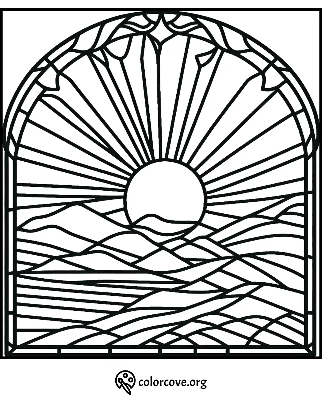 Stained glass-style sunset and mountain coloring page with intricate line patterns for creative coloring fun.