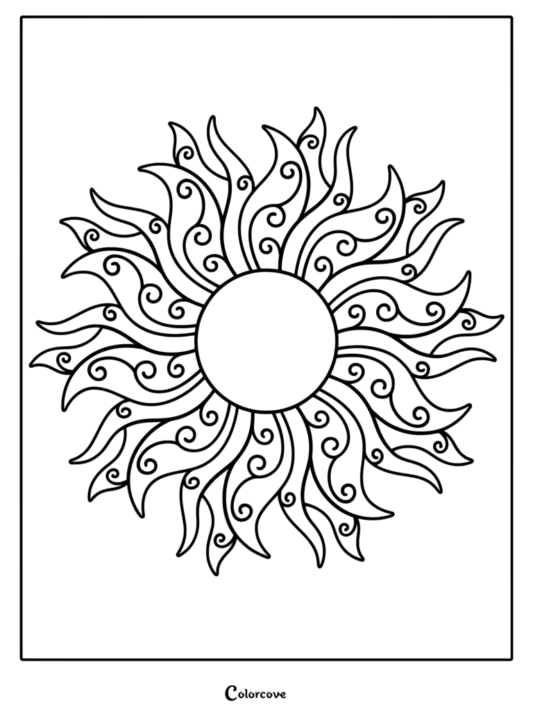 A black and white coloring page featuring a sun with intricate swirling flame-like rays.