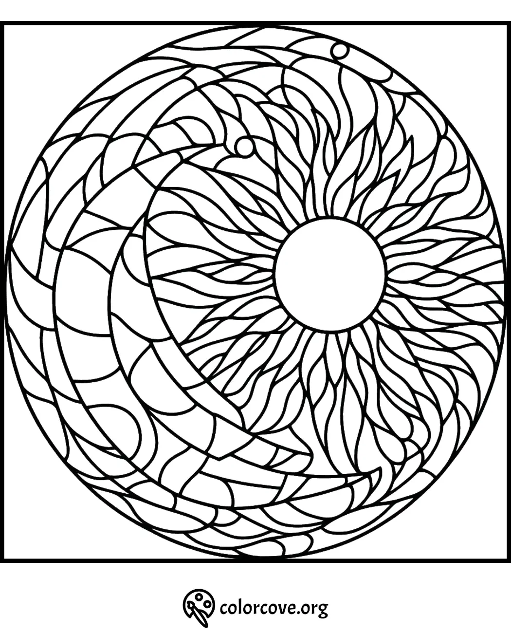 Intricate sun and moon mandala coloring page with swirling patterns for relaxation and creativity.