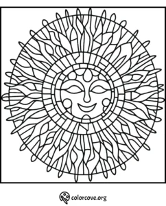 Sun-themed coloring page with intricate patterns and smiling face, perfect for relaxation and creativity.