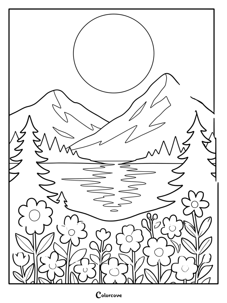 A printable coloring page featuring a large sun shining over a mountain range, a calm lake, pine trees, and a foreground of blooming flowers.