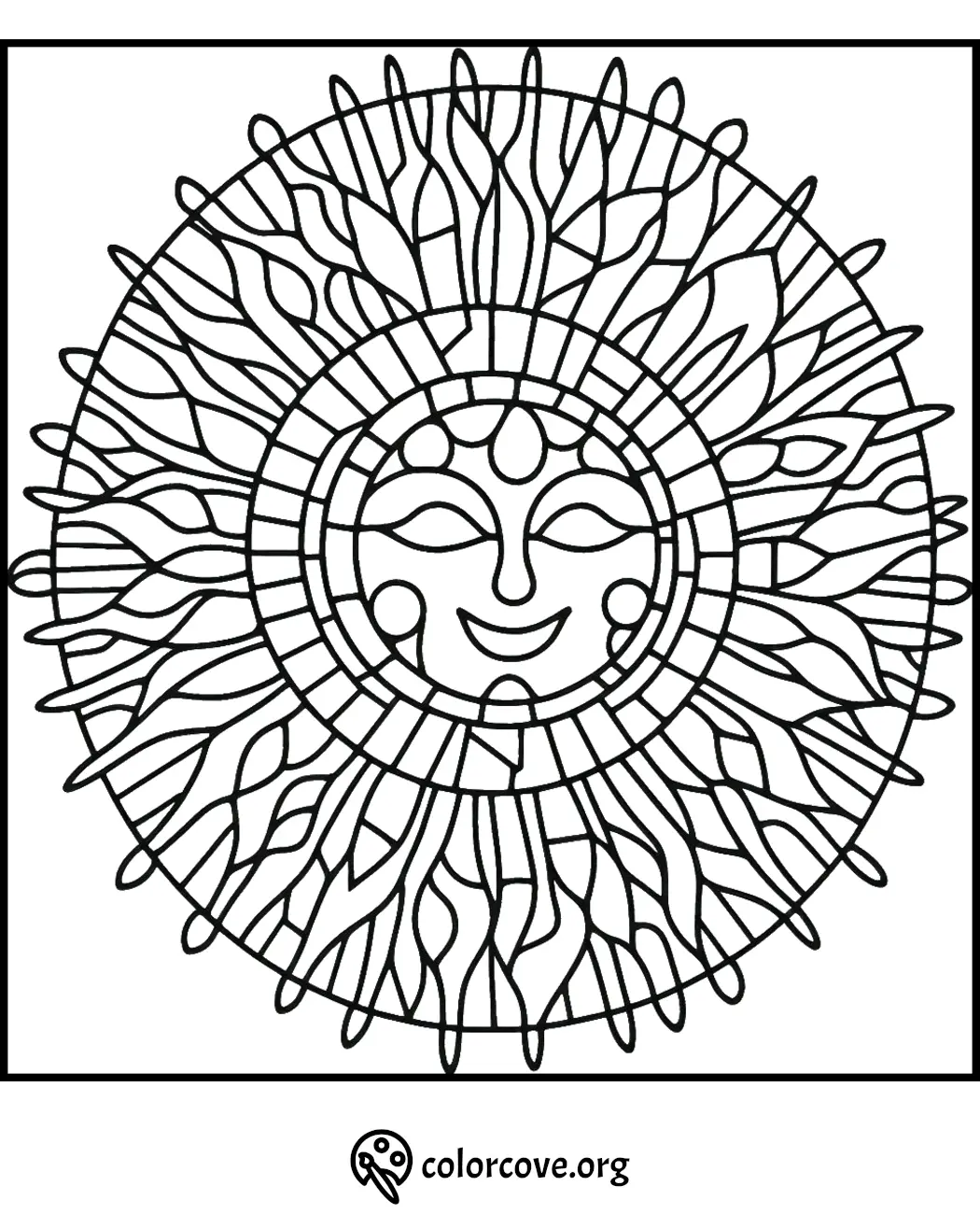 Sun-themed coloring page with intricate patterns and smiling face, perfect for relaxation and creativity.