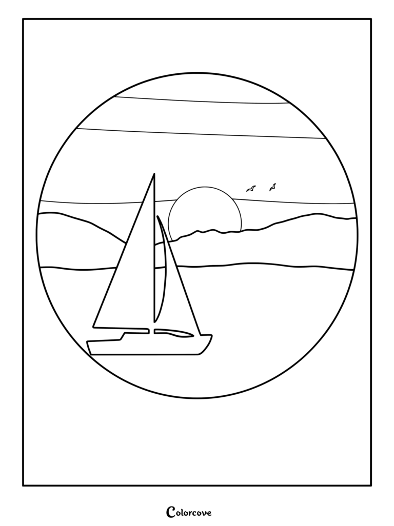 A circular coloring page featuring a sailboat on the water with a large sun setting behind distant hills and two birds flying in the sky.