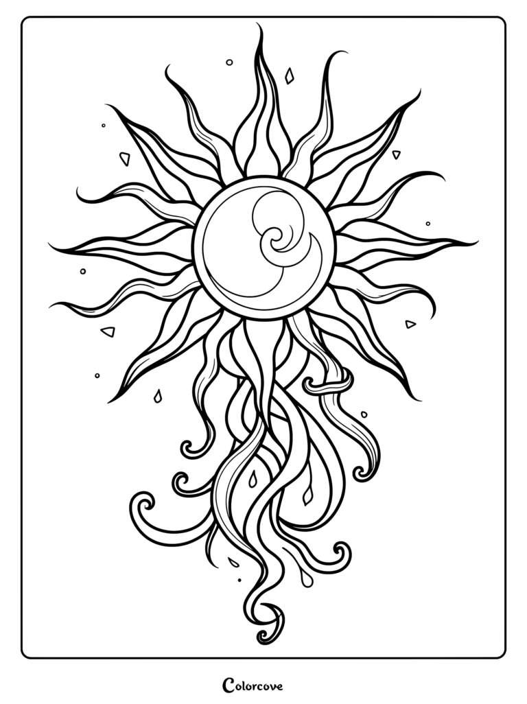 A black and white tribal sun coloring page featuring a central circular face with a spiral design and long, flowing, wavy rays extending downwards.