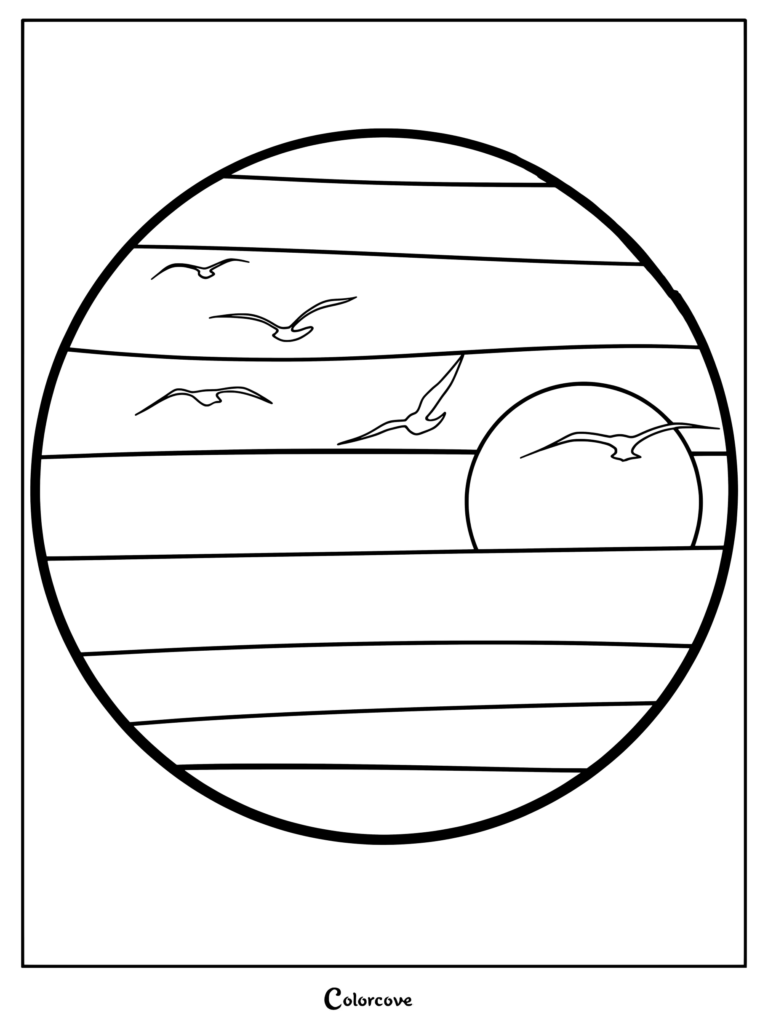 A circular coloring page featuring a sun setting over the ocean horizon with five seagulls flying in the sky.
