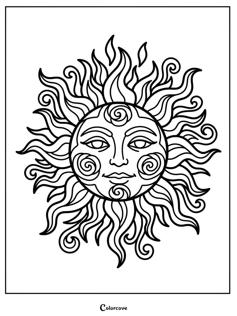 A detailed celestial sun coloring page featuring a serene face with spiral cheek and forehead markings surrounded by flowing flame rays.