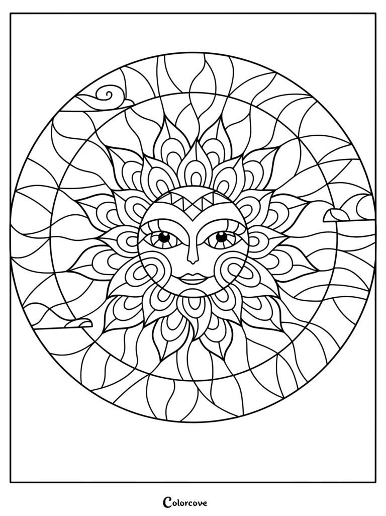 A detailed mandala style sun coloring page featuring a stylized face with intricate petal-like rays and swirling cloud patterns.