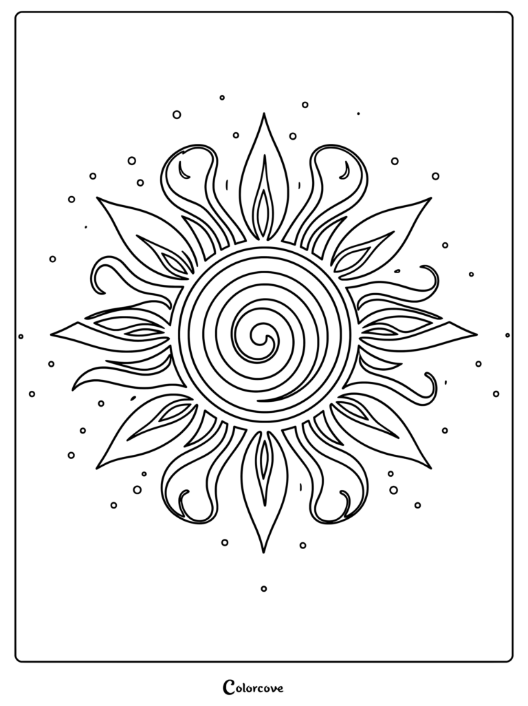 A sun coloring page featuring a central spiral core surrounded by alternating leaf-shaped and curved flame-like rays with small dots in the background.