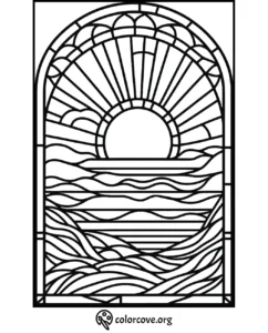 Sunset coloring page with waves and a stained glass style design for relaxation and creativity.