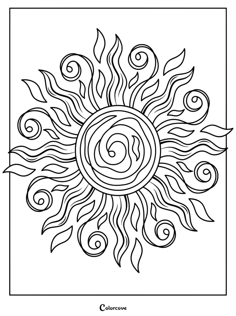 A detailed sun coloring page featuring a central spiral core surrounded by wavy, curled rays.