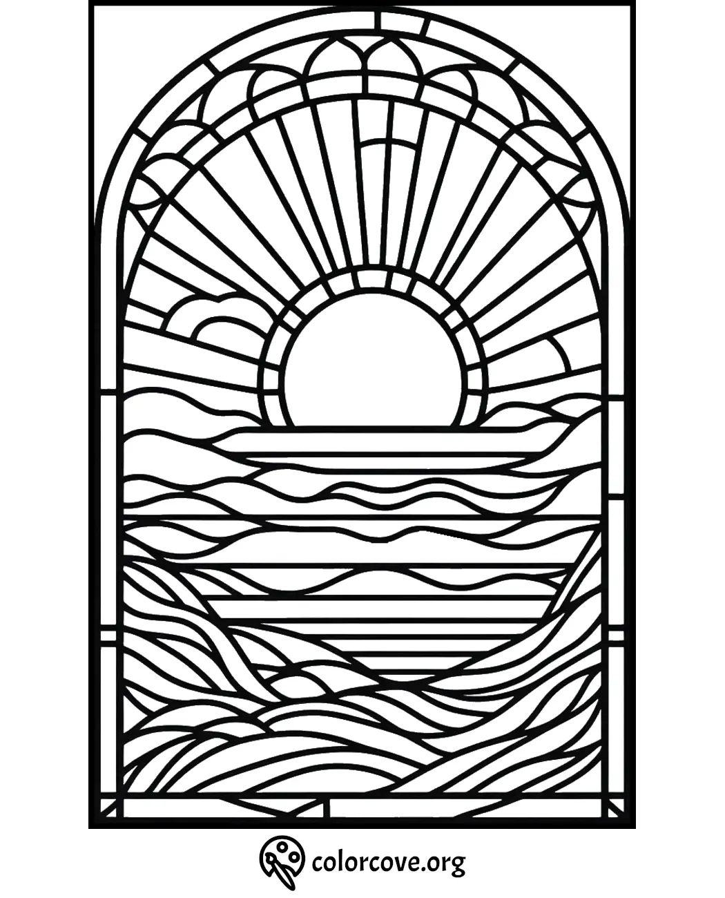 Sunset coloring page with waves and a stained glass style design for relaxation and creativity.