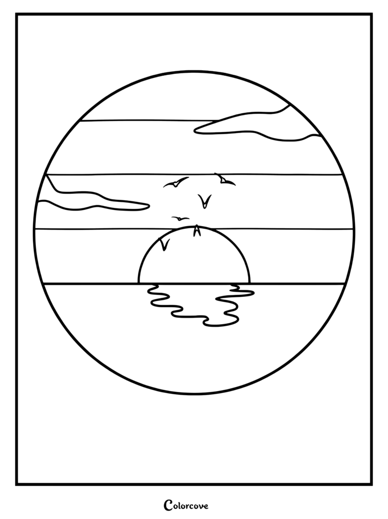 A circular coloring page featuring a sun setting over the horizon with birds flying and clouds in the sky.