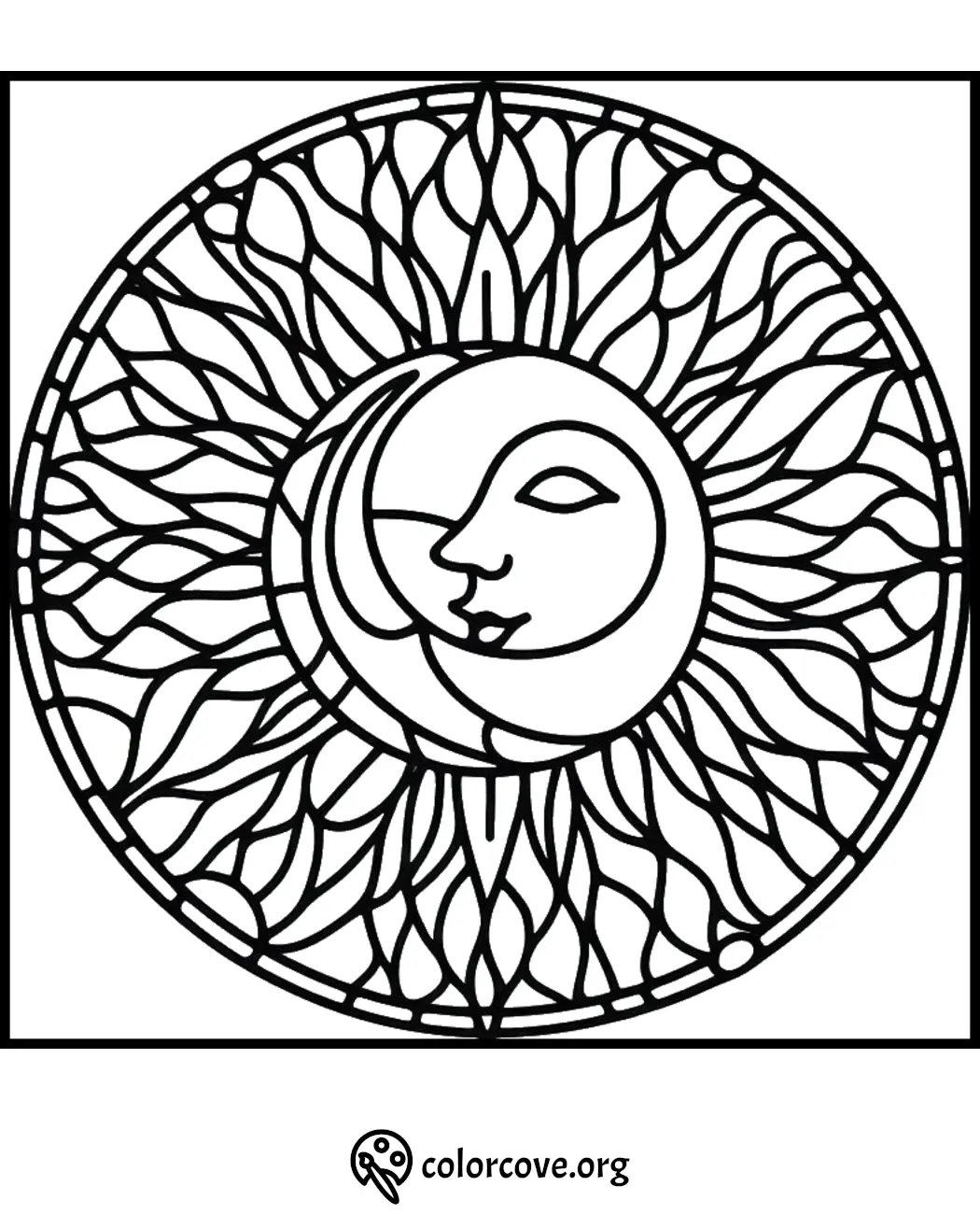 Coloring page of a stylized sun and moon design with intricate patterns for creative and relaxing coloring.