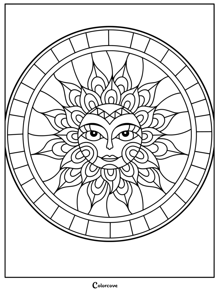 A circular mandala sun face with intricate petal rays and a geometric border on a printable coloring page.