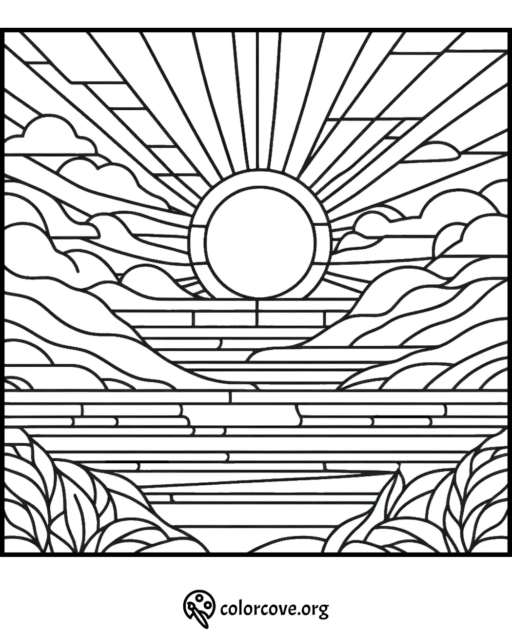 Coloring page with a sun, clouds, and abstract landscape design, perfect for relaxation and creativity.