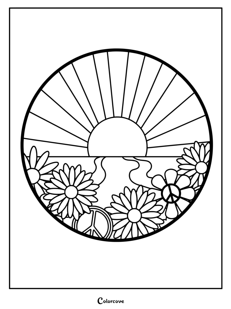 A circular coloring page featuring a rising sun over a field of daisies with peace signs integrated into the flowers.