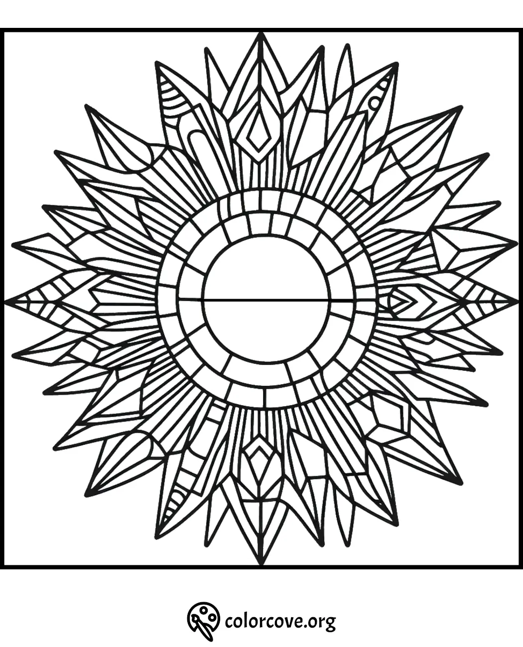 Geometric sun coloring page with intricate patterns, perfect for mindful relaxation and creative expression.