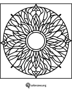 Mandala design coloring page with intricate, symmetrical patterns for stress relief and relaxation.