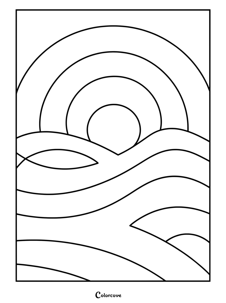 Minimalist line art coloring page featuring a simple sun rising above stylized rolling ocean waves.