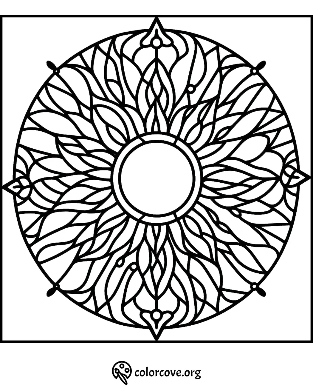 Mandala design coloring page with intricate, symmetrical patterns for stress relief and relaxation.