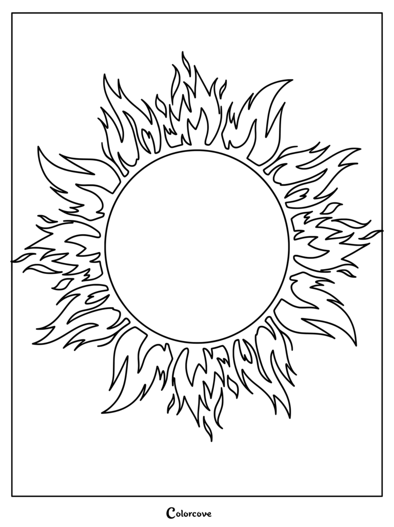 A simple black and white coloring page featuring a circular sun with stylized, flame-like rays radiating outward.