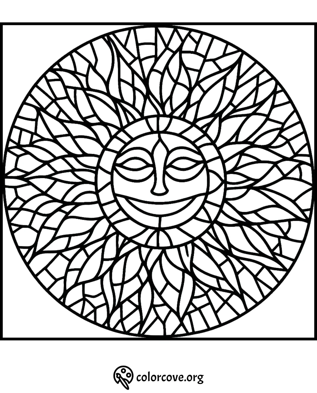 Mandala sun coloring page with intricate leaf patterns, perfect for stress relief and creativity boost.