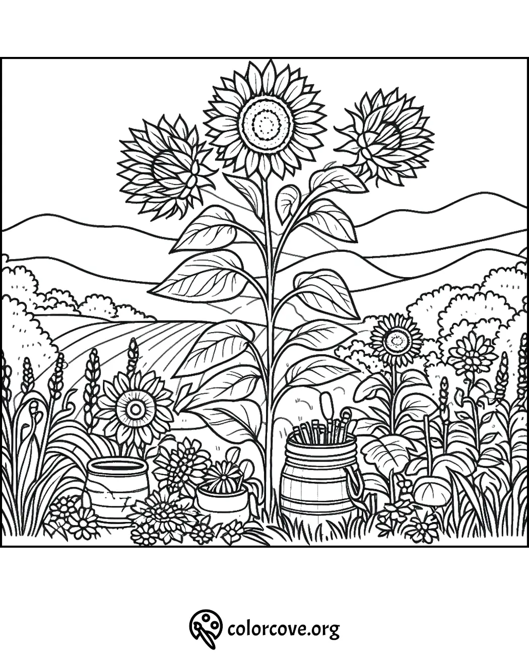 Sunflower garden coloring page with blooming sunflowers, potted plants, and rolling hills in the background.