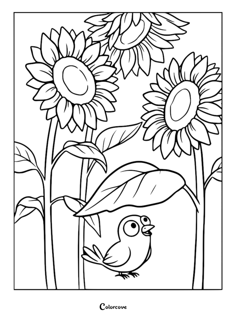 A cute bird standing under a large sunflower leaf in a garden coloring page with three blooming sunflowers.