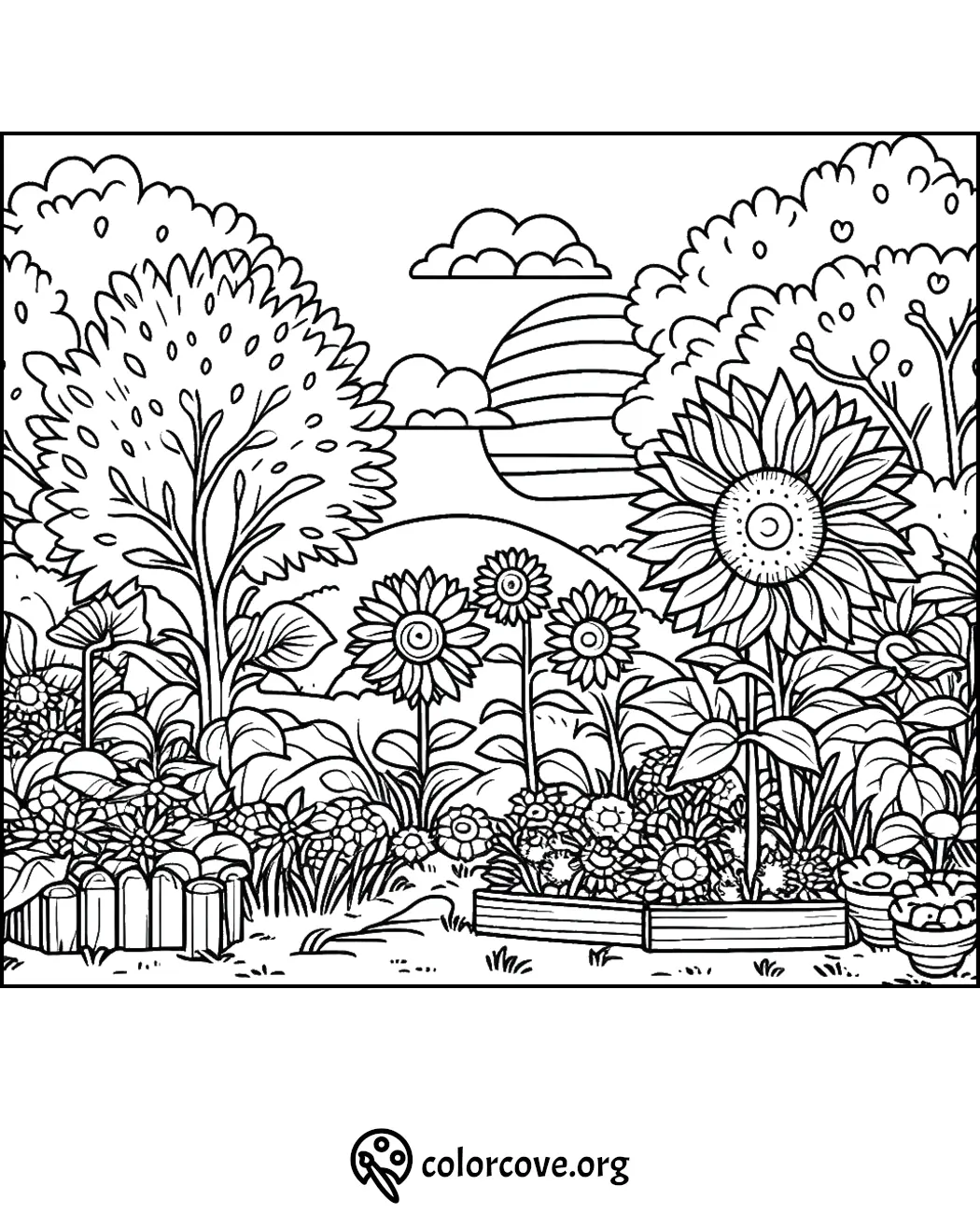 A detailed garden coloring page featuring sunflowers, trees, and a wooden fence under a sunny sky with clouds.