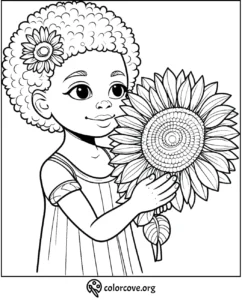 Child holding a sunflower coloring page, free printable for kids from ColorCove.org. Fun and creative activity.