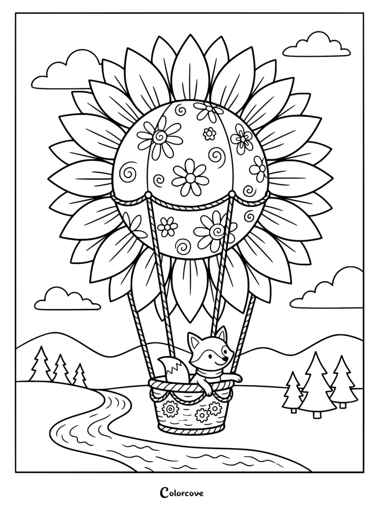 A cute fox riding in a sunflower-shaped hot air balloon over a river, coloring page.