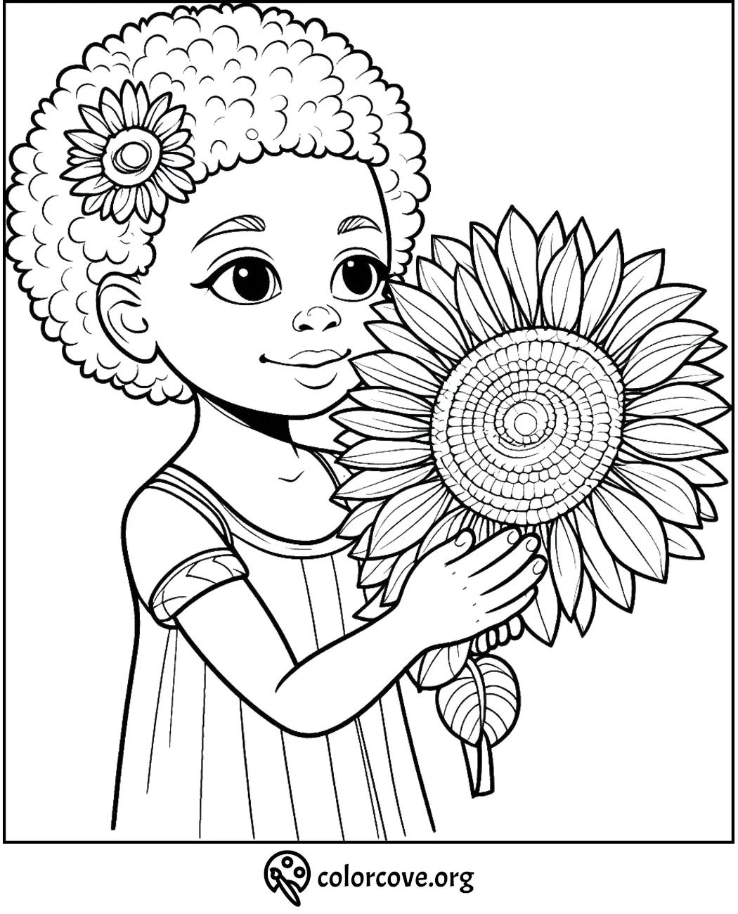 Child holding a sunflower coloring page, free printable for kids from ColorCove.org. Fun and creative activity.