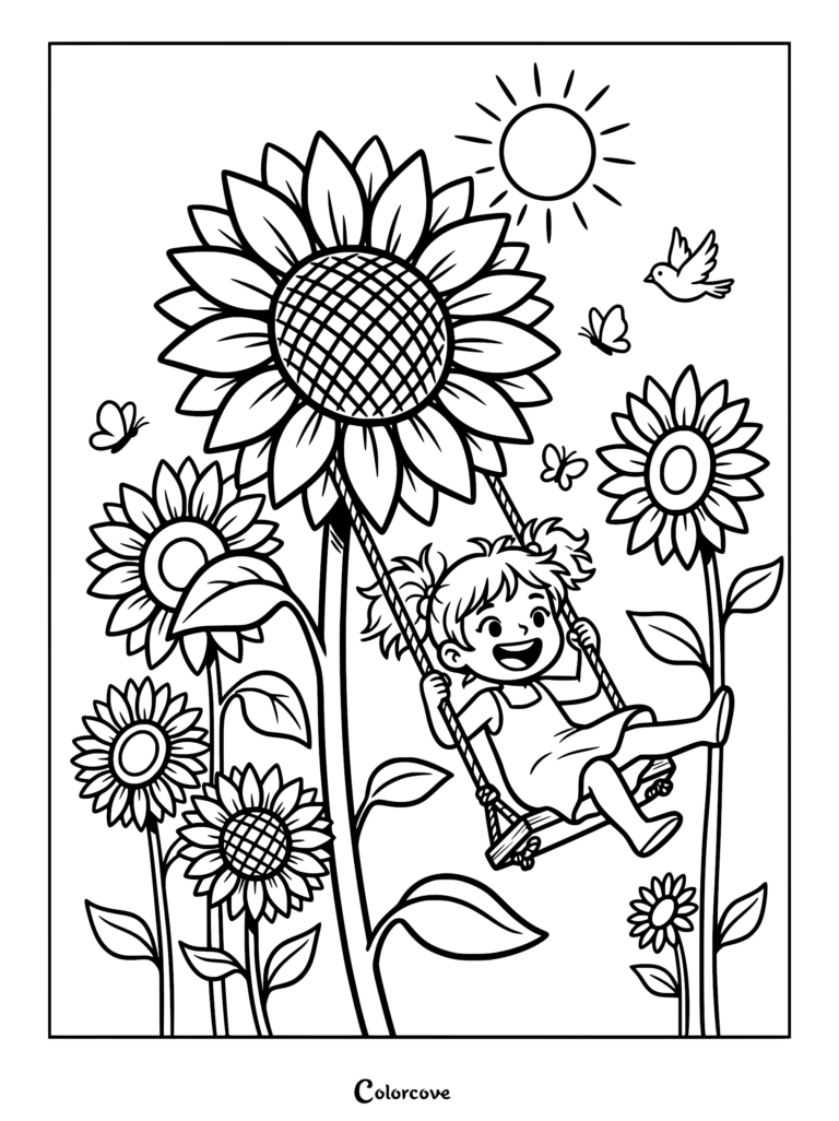 A happy girl with pigtails swinging on a rope swing hung from a giant sunflower in a field of flowers, coloring page style.