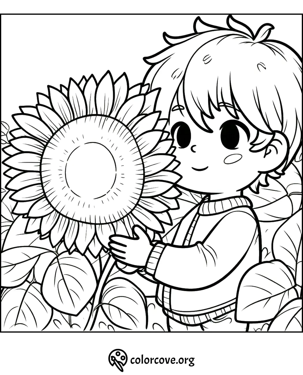 Child holding a large sunflower coloring page - perfect for fun and creative coloring activities.