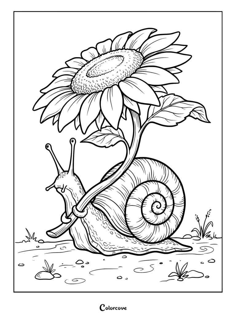 A detailed coloring page featuring a snail with a large sunflower growing from its shell, walking across a grassy patch.