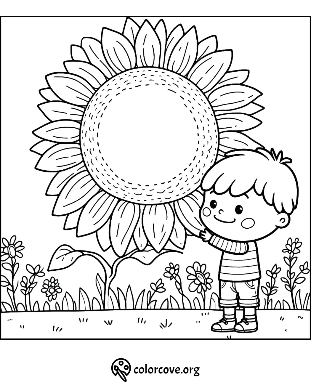 Child smiling at a big sunflower coloring page. Perfect for kids to color and enjoy, download at colorcove.org.