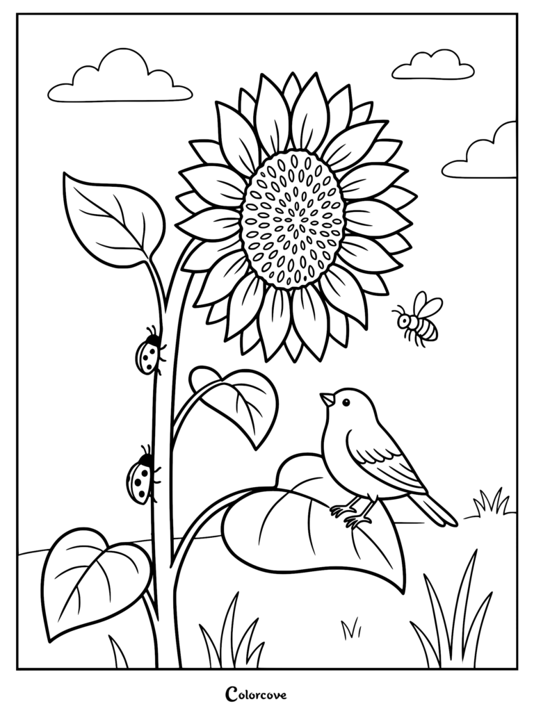 A printable coloring page featuring a large sunflower with a bird perched on a leaf, two ladybugs on the stem, and a flying bee.