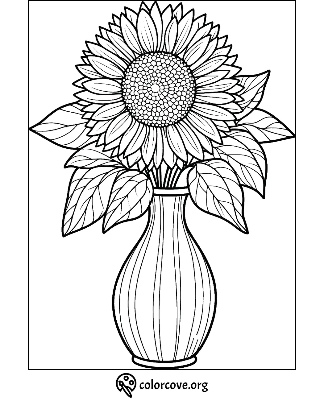 Sunflower coloring page with detailed petals and leaves in a vase. Ideal for kids and adults to color.