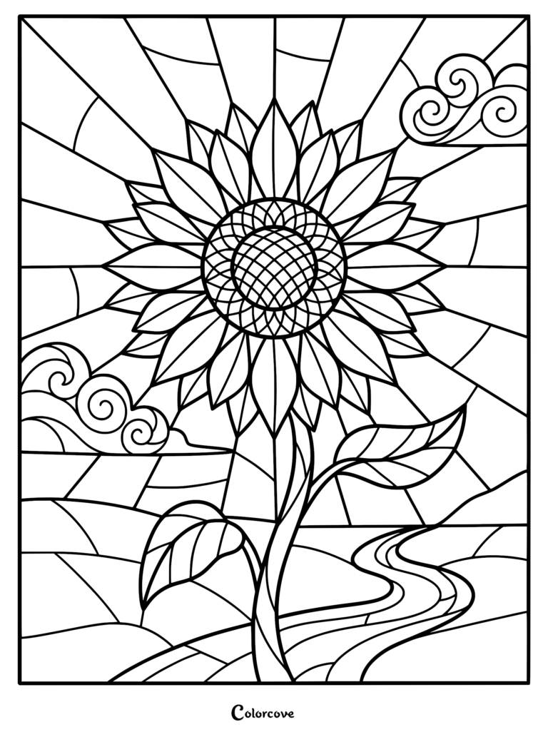 A stained glass style sunflower coloring page featuring a large central flower with sunburst rays, swirling clouds, and a winding path.