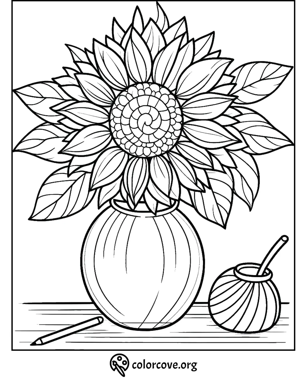 Coloring page with a detailed sunflower in a vase, accompanied by a pencil and small pot. From colorcove.org.