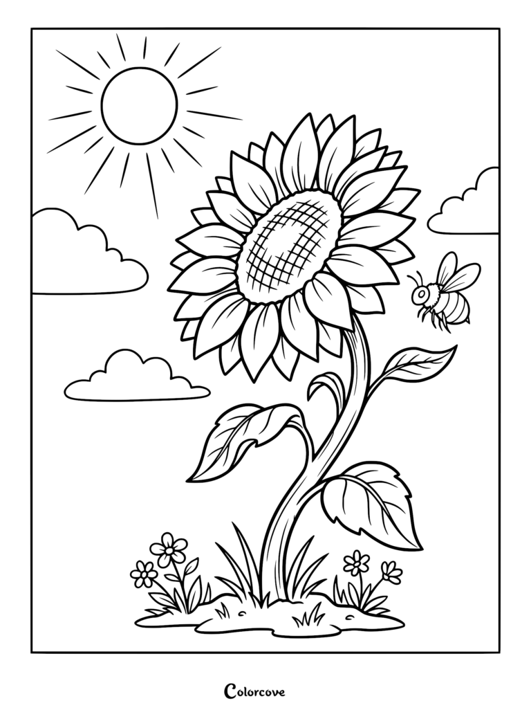 A large sunflower with a buzzing bee, sun, and clouds in a printable coloring page format.