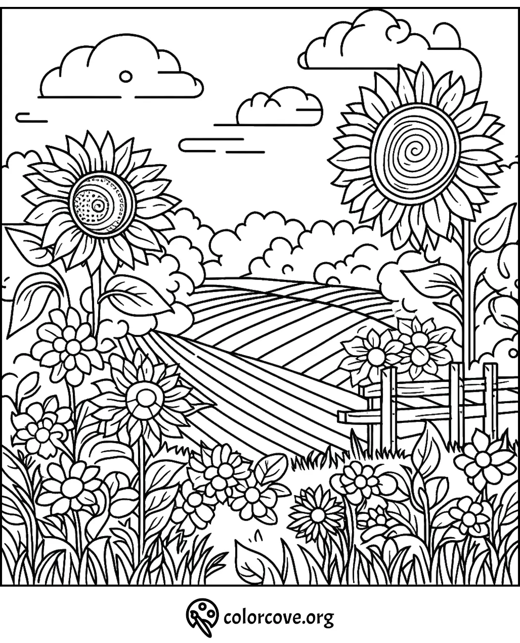 Sunflower field coloring page with large sunflowers, rolling hills, a wooden fence, and a sky with clouds. ColorCove.org.