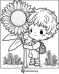 Child holding sunflower coloring page for kids to color and enjoy. Free printable from colorcove.org.