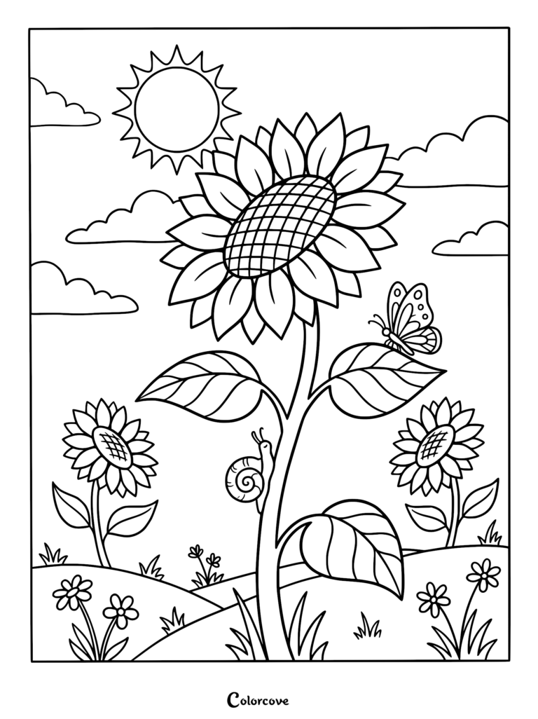 A large sunflower with a butterfly on a leaf and a snail on the stem in a sunny garden coloring page.