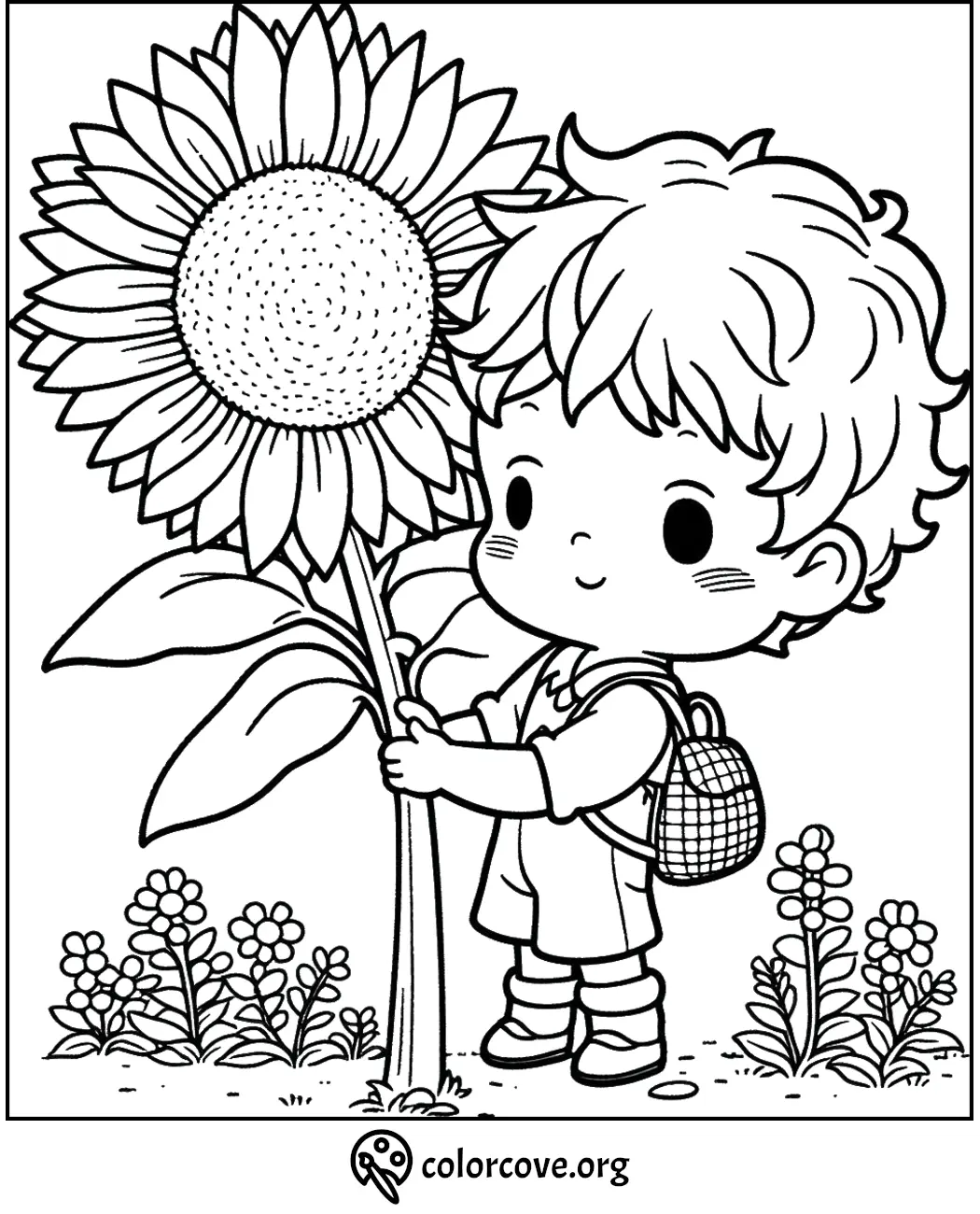 Child holding sunflower coloring page for kids to color and enjoy. Free printable from colorcove.org.