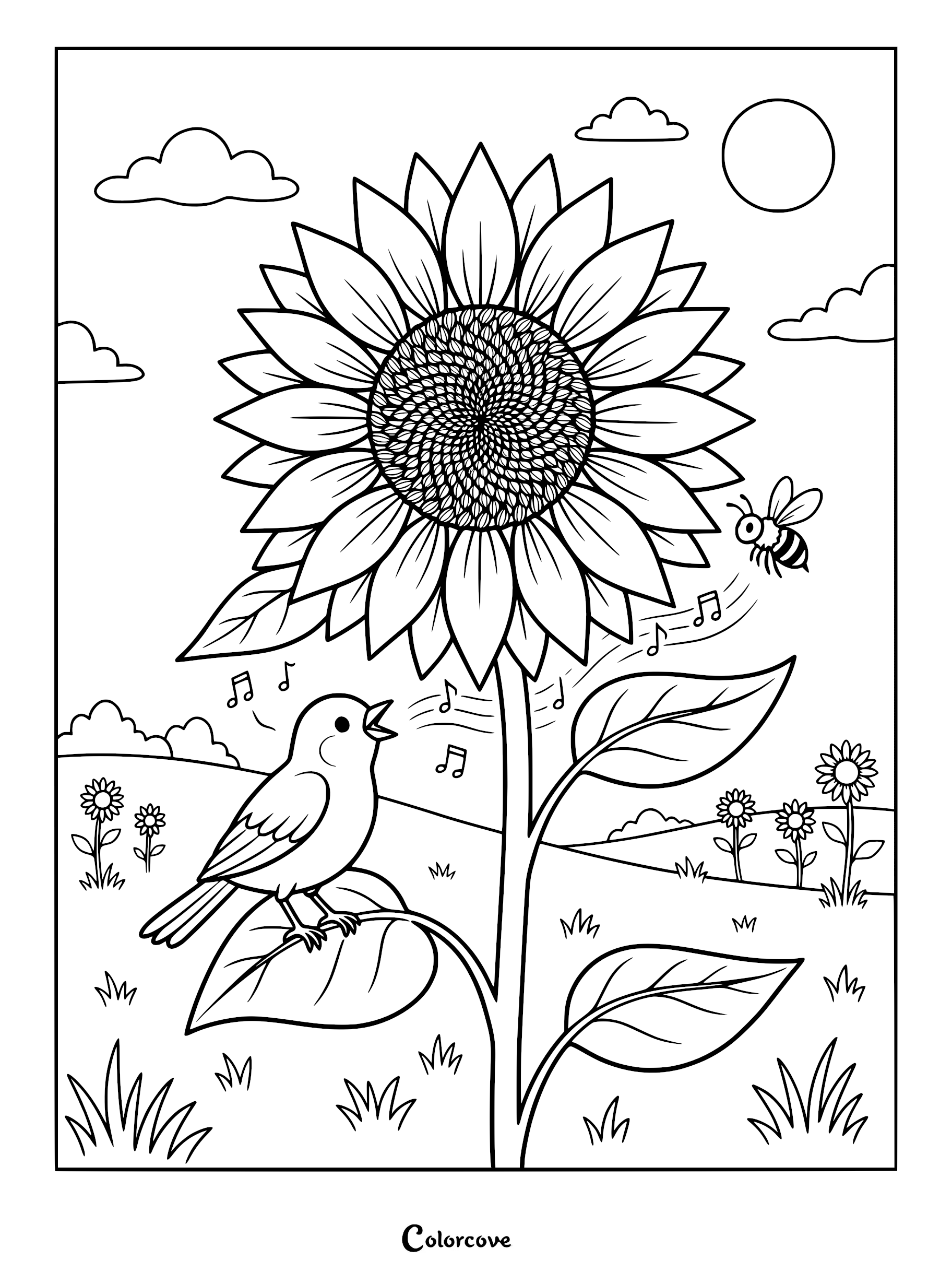 A bird singing on a sunflower leaf with a bee nearby in this printable coloring page.