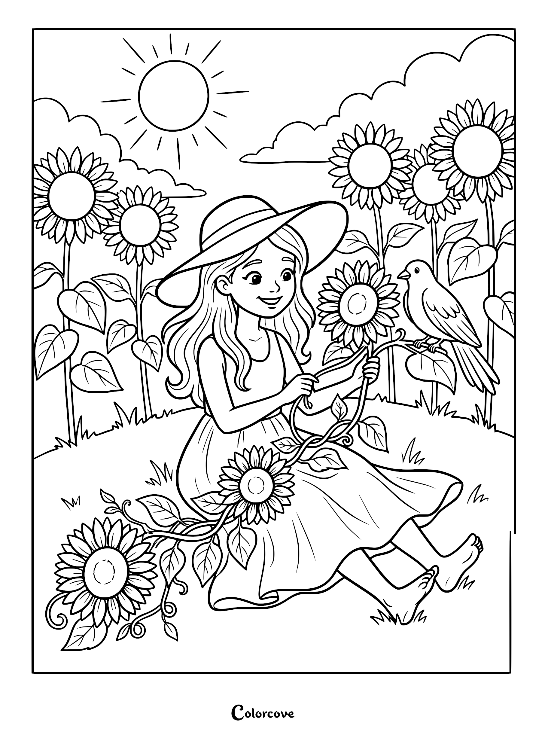 A girl in a sun hat sitting in a sunflower field with a small bird perched on a stem, coloring page style line art.
