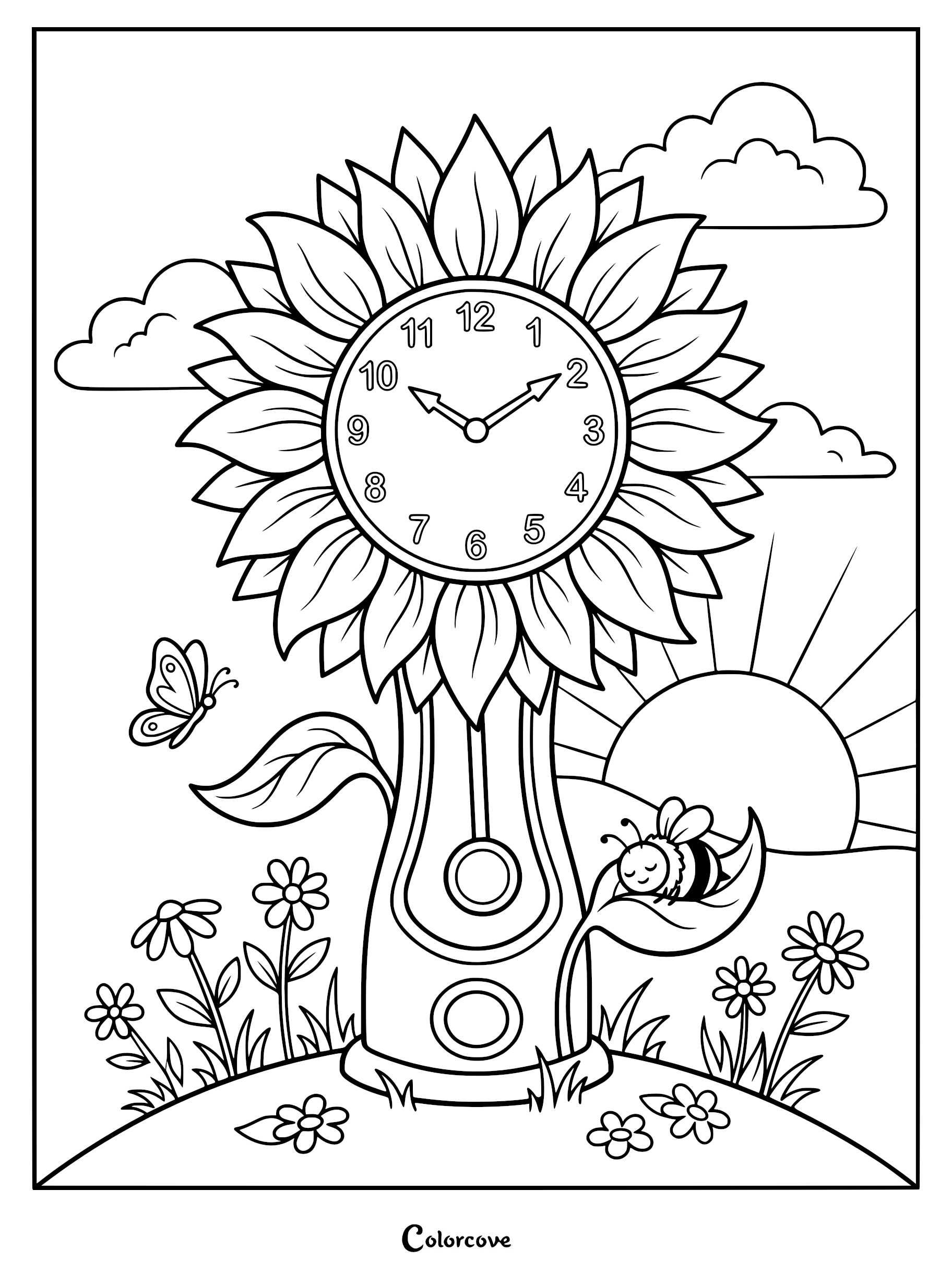 A sunflower shaped grandfather clock with a sleeping bee on a leaf in a sunny garden coloring page.